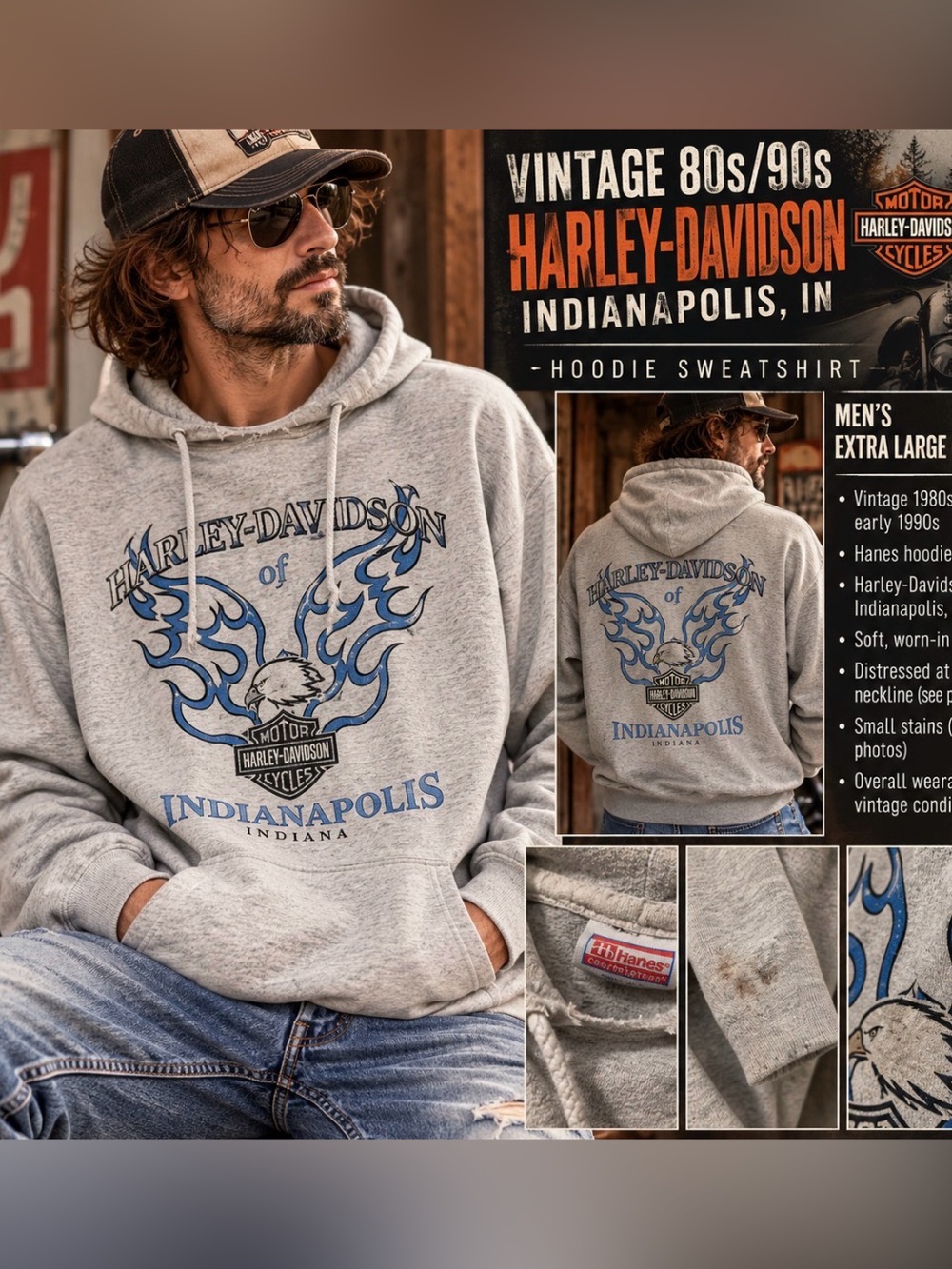 Harley‑Davidson - vintage 80s Hanes/Light Gray Hoodie with Indiana Blue Logo - L